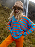 Hurt Niebiesko-pomarańczowy sweter oversize z dekoltem V OCH BELLA 