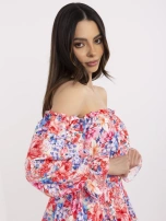 Red-blue off-the-shoulder dress with puff sleeves.