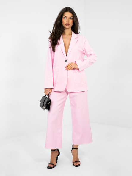 Pastelowa różowa jeansowa marynarka od kompletu RUE PARIS