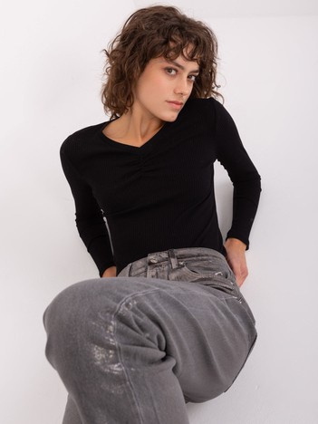 Hurt Czarna prążkowana bluzka longsleeve basic z dekoltem V
