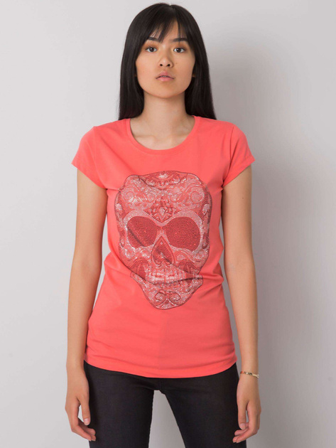 Koralowy t-shirt z aplikacją Skull