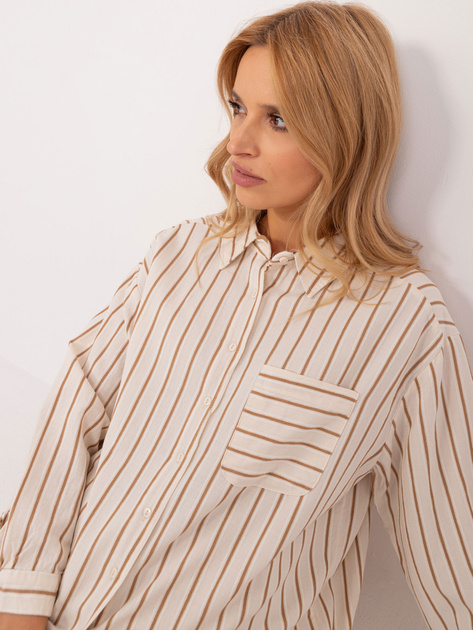 Hurtownia Kremowo-camelowa casualowa koszula w paski