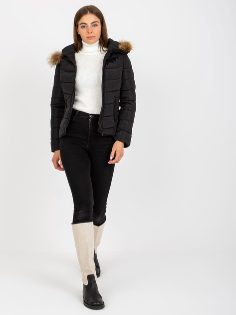 Hurt Czarna pikowana kurtka przejściowa z futerkiem na kapturze