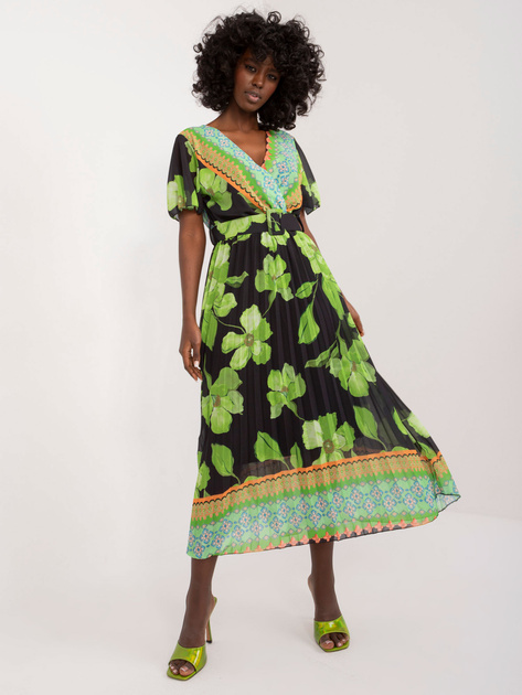 Hurt Limonkowo-czarna midi sukienka z krótkim rękawem