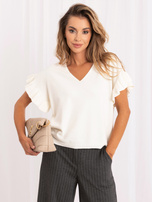 Ecru weicher Pullover mit V-Ausschnitt.
