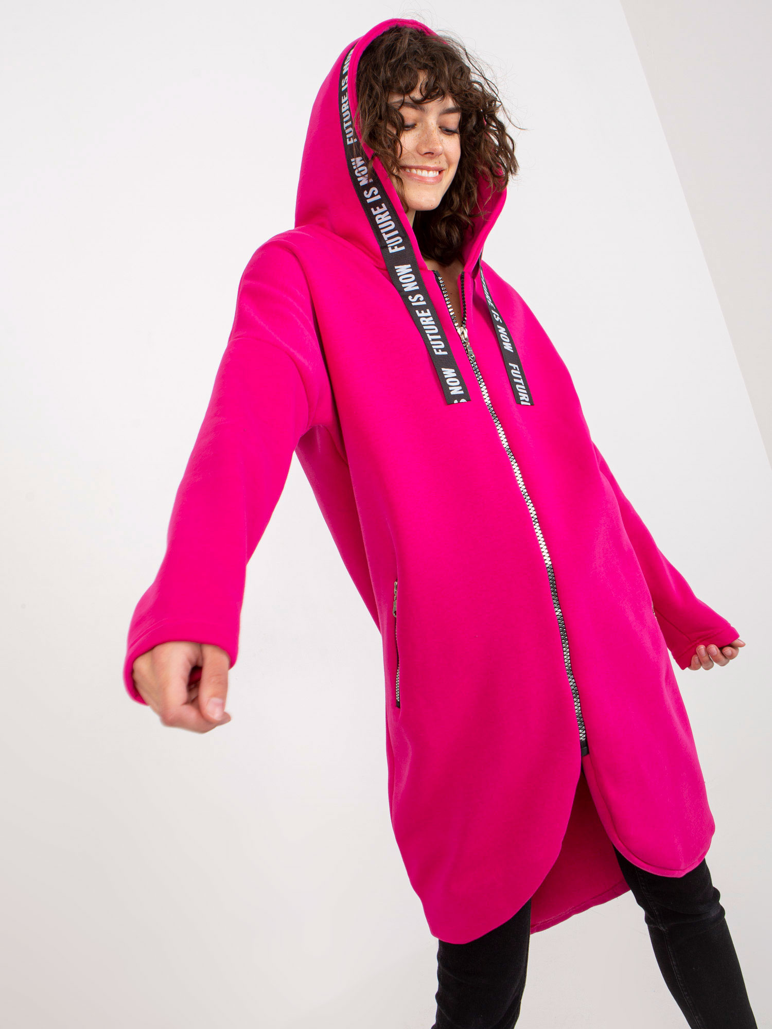 Wholesale Fuchsia long zip-up oversized sweatshirt.