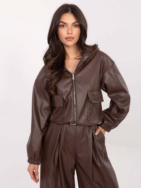 Brązowa skórzana kurtka z suwakiem RUE PARIS