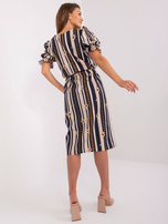 Hurt Granatowa sukienka z printem i bufiastym rękawem