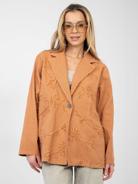 Ceglasta jeansowa marynarka z kwiatową aplikacją RUE PARIS