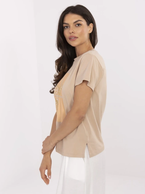 Camelowy t-shirt z nadrukiem motyla