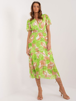 Beżowo-zielona midi sukienka one size z plisowaniem