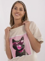 Beżowa damska bluzka z nadrukiem kota