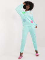 Hurt Miętowy welurowy komplet damski z bluzą i spodniami
