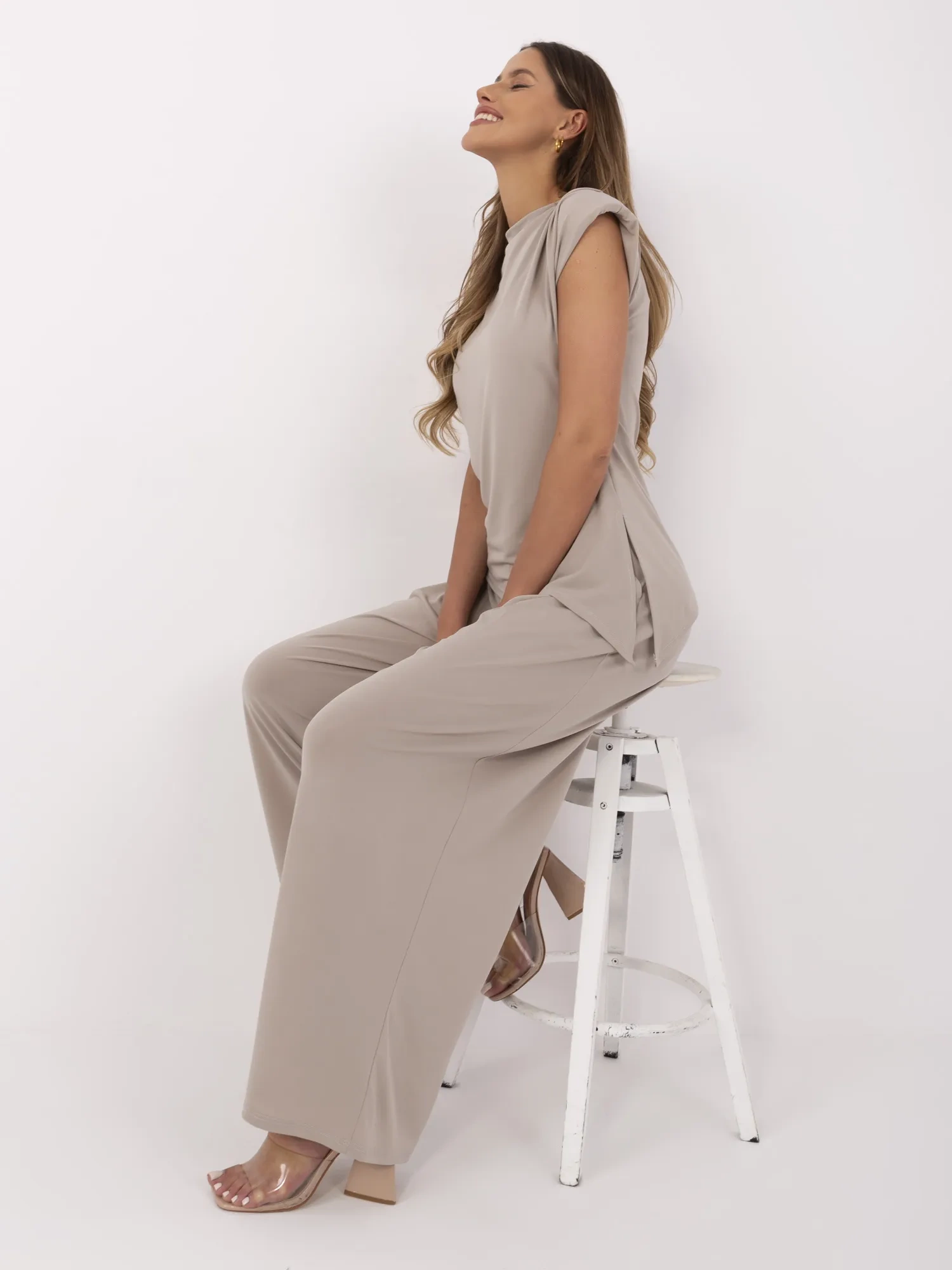 Dark beige elegant sleeveless set.
