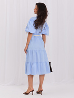 Light blue midi dress with puff sleeves.