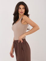 Ciemnobeżowy bawełniany top w prążek RUE PARIS 