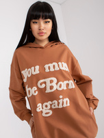 Světlě hnědá oversized mikina s kapucí a nápisy.