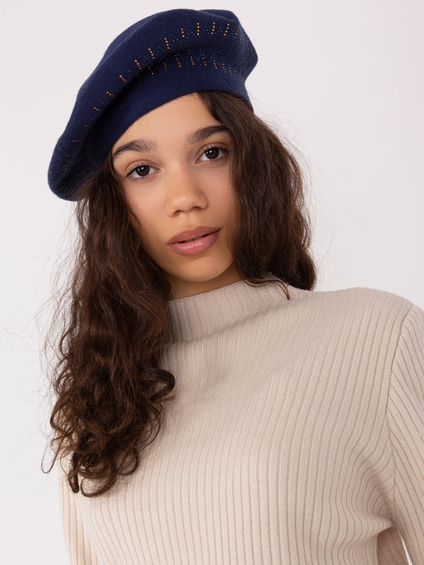 Hurt Granatowy damski beret z dżetami
