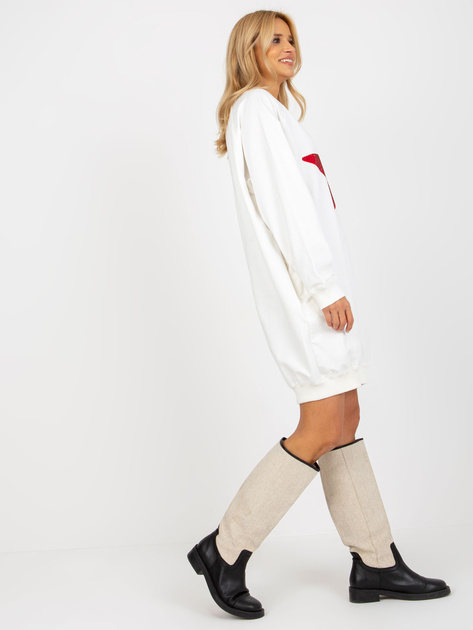 Hurt Ecru długa bluza oversize z nadrukiem i aplikacją