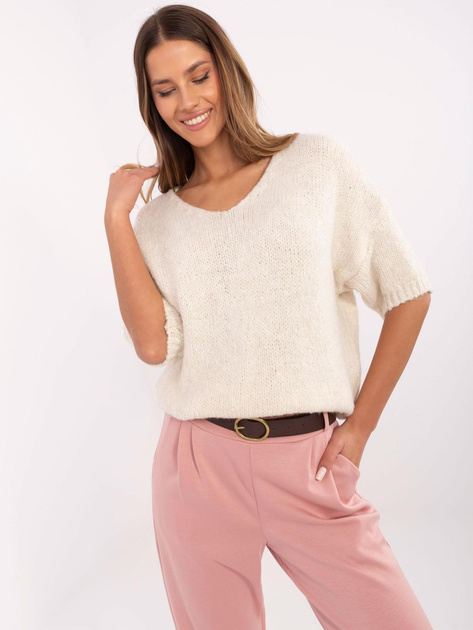 Hurt Jasnobeżowy sweter oversize z krótkim rękawem