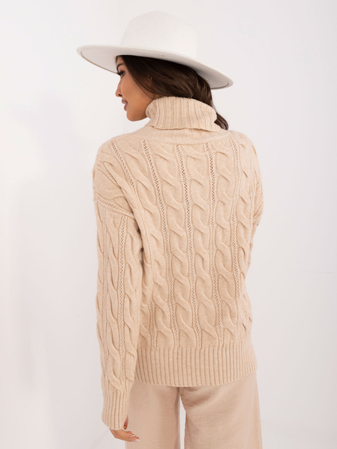 Hurtownia Beżowy sweter golf z ażurowym wzorem