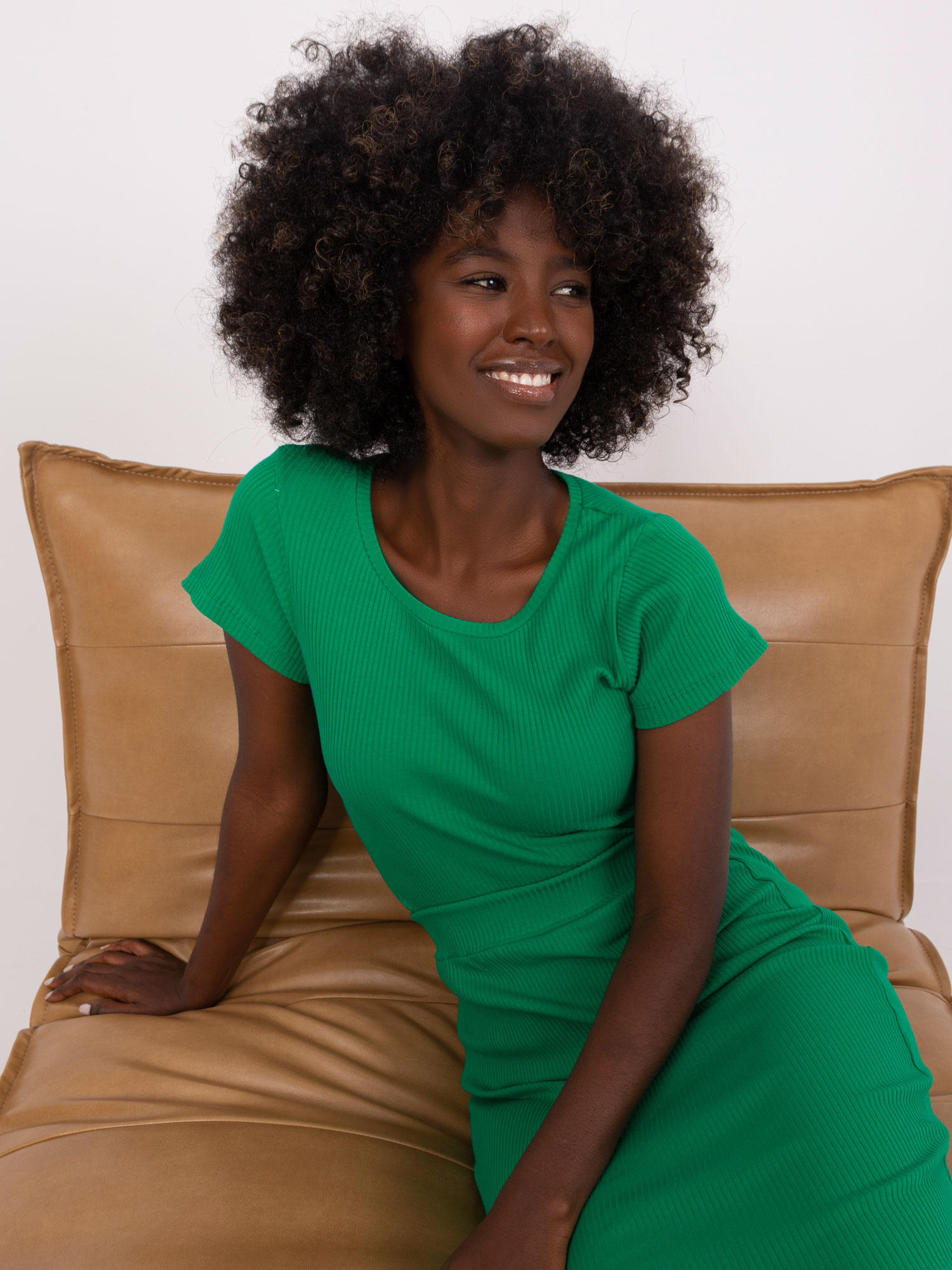 Großhandel Grüne Basic-Bluse aus gerippter Baumwolle, genäht