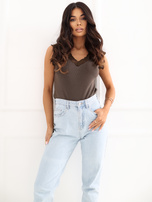 Brązowy damski top z koronką przy dekolcie