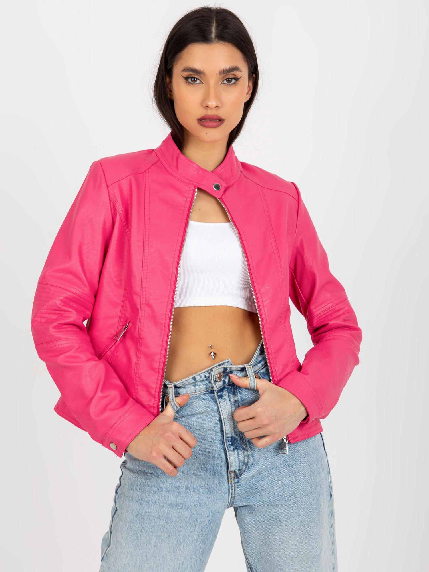 Hurt Dark Pink Women's Biker Jacket Made of Eco-Leather with Pockets
