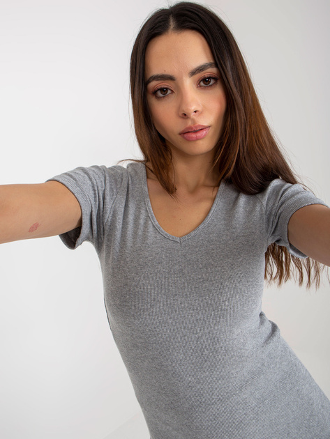 Hurt Szara prążkowana bluzka basic z dekoltem w serek