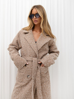 Beige wool coat with quilted lining.