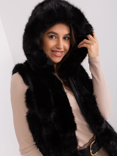 Hurt Czarna damska kamizelka futrzana z suwakiem