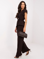 Czekoladowy damski garnitur z szerokimi spodniami RUE PARIS  