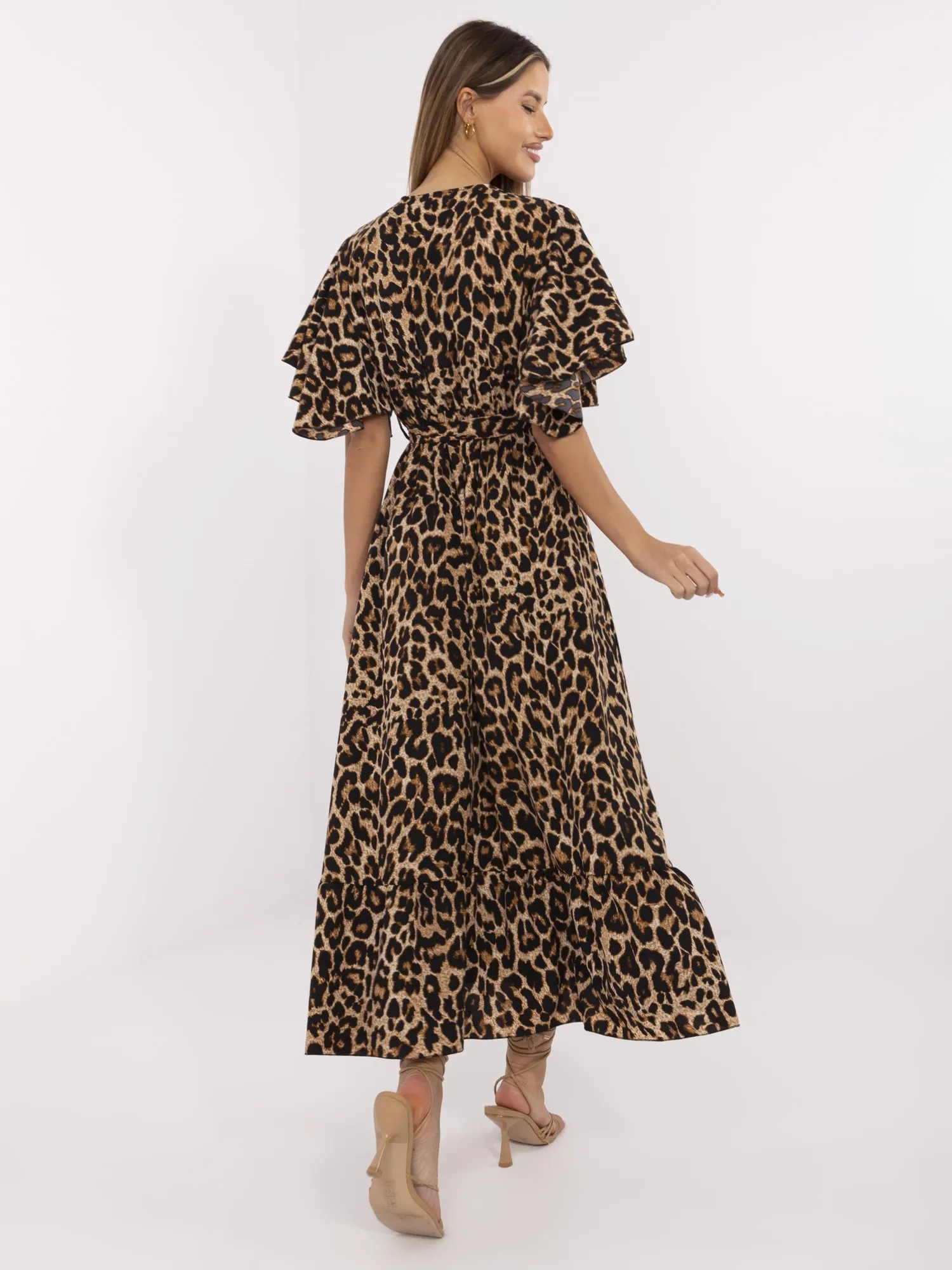 Camel and black flared dress with a belt.