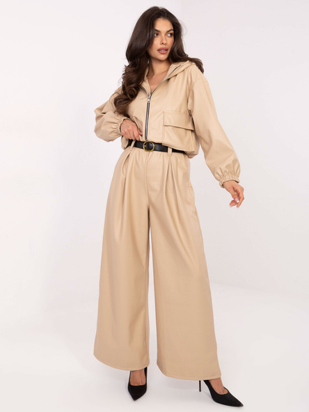 Beżowe szerokie spodnie z ekoskóry RUE PARIS 