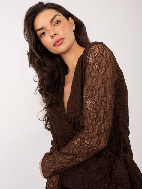 Czekoladowa elegancka bluzka z koronki
