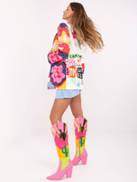 Hurt Kremowa damska marynarka z kolorowym nadrukiem