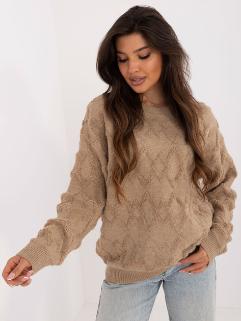 Hurt Ciemnobeżowy sweter oversize z okrągłym dekoltem