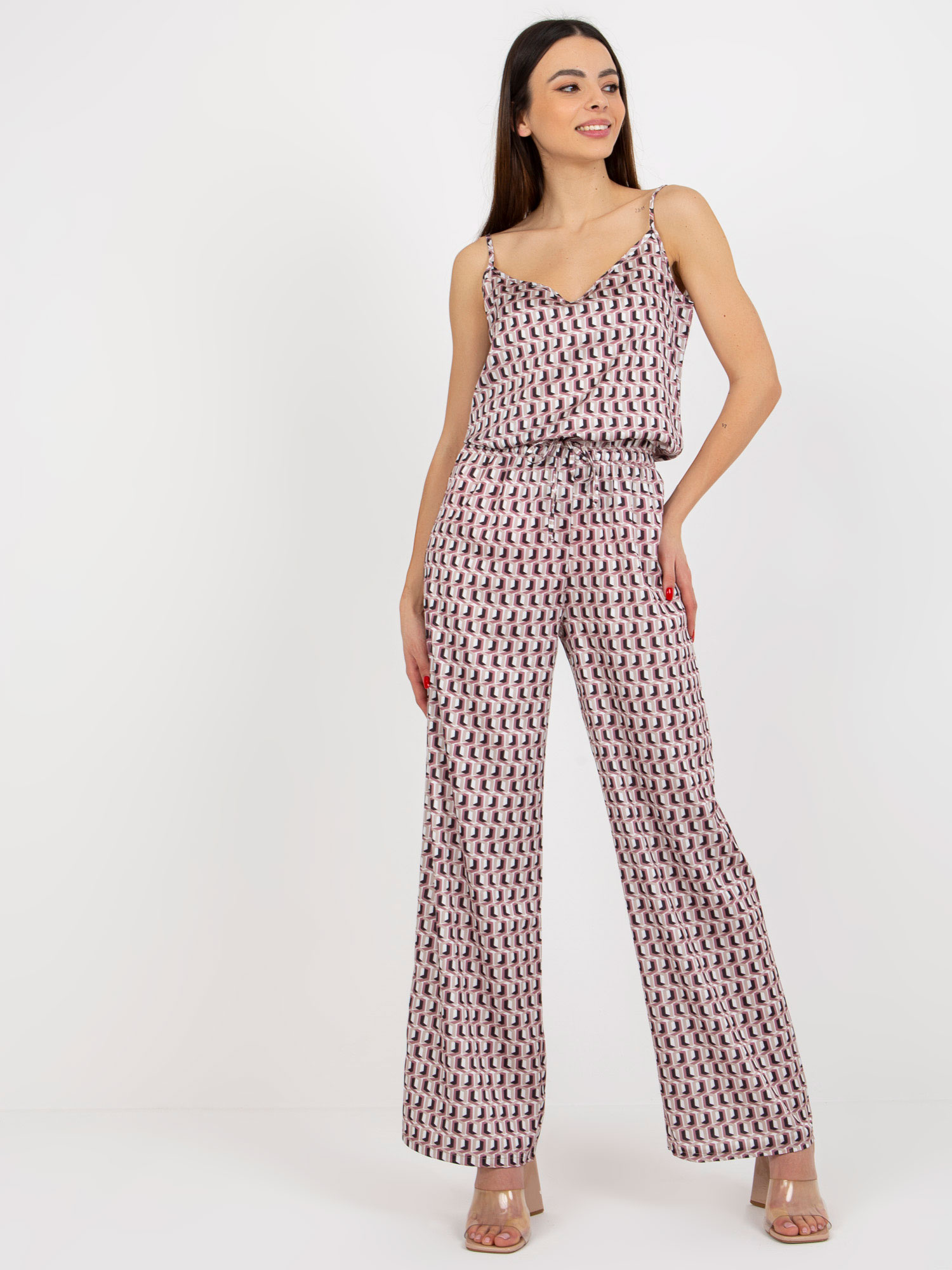 Beżowo-różowy trzyczęściowy komplet elegancki z topem