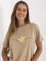 Camelowy damski t-shirt z bawełny 