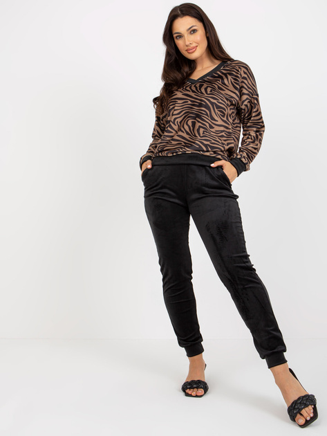 Hurt Ciemnobeżowo-czarny komplet welurowy z dekoltem V RUE PARIS