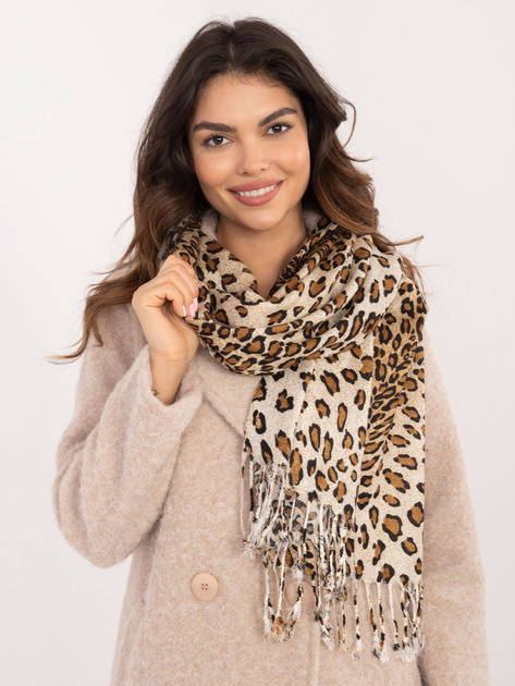 Hurt Beżowo-camelowy damski szal w panterkę