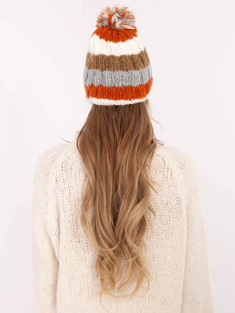 Hurt Ecru-pomarańczowa damska czapka w paski