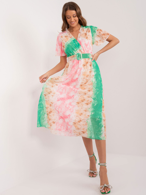 Hurtownia Zielono-różowa sukienka damska z krótkim rękawem