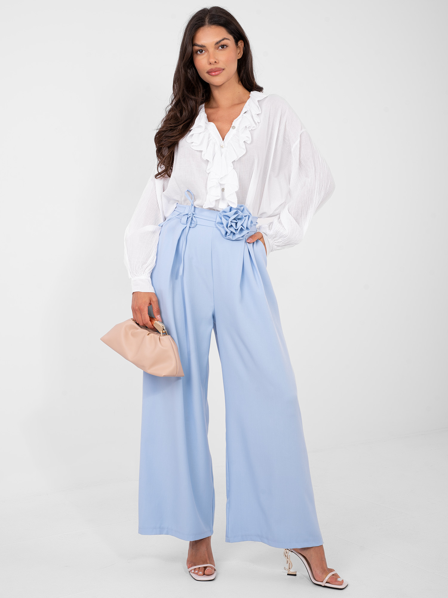 Jasnoniebieskie eleganckie spodnie wide leg RUE PARIS 