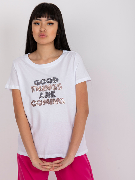 Biały t-shirt z aplikacją i napisami