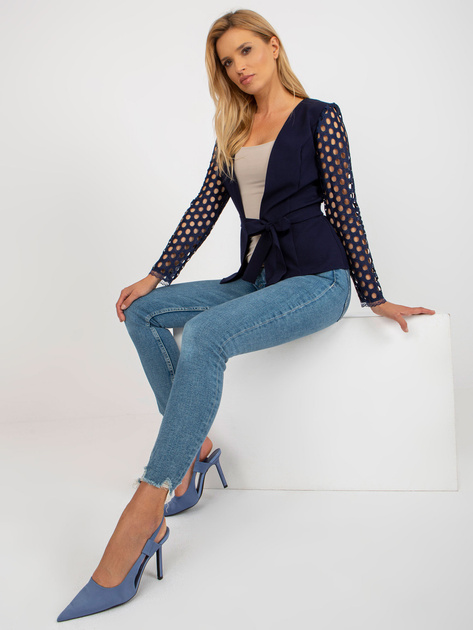 Hurt Granatowa damska marynarka z ozdobnymi rękawami