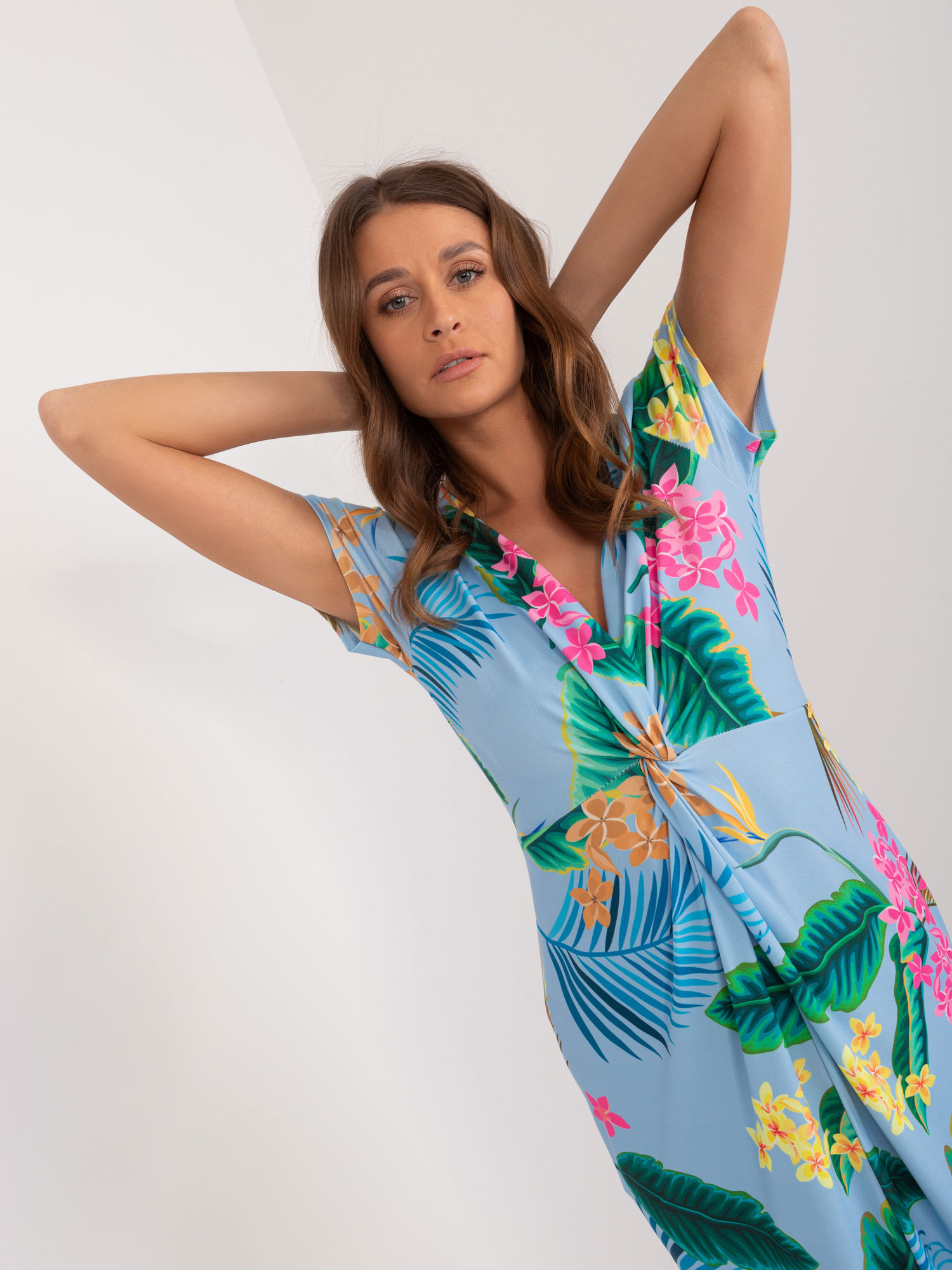 Hurt Light blue women's dress with exotic prints.