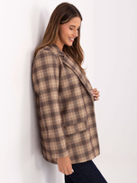 Beżowo-camelowa długa marynarka w kratę 