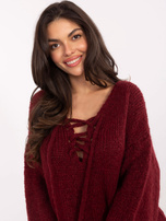 Bordowy sweter oversize z wiązanym dekoltem
