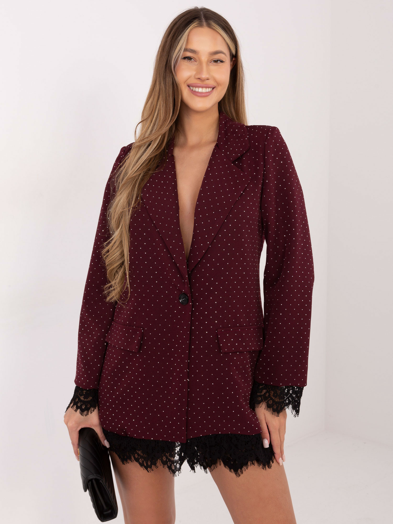 Burgundowa elegancka marynarka z koronką 